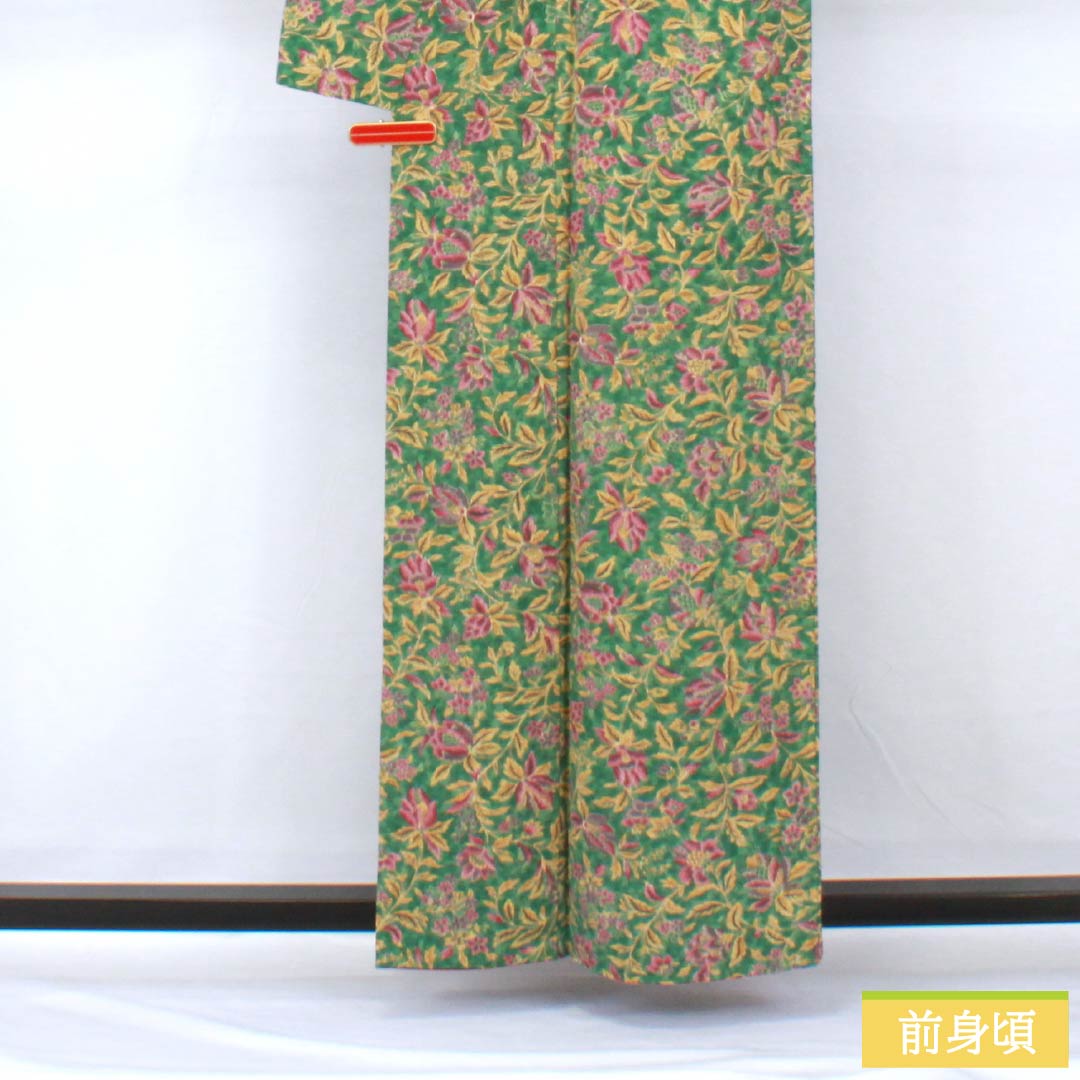 小紋 正絹 身丈159cm 裄丈62cm 袷 青銅色（せいどういろ） 型染 総花 Sランク 緑系 1115005362319