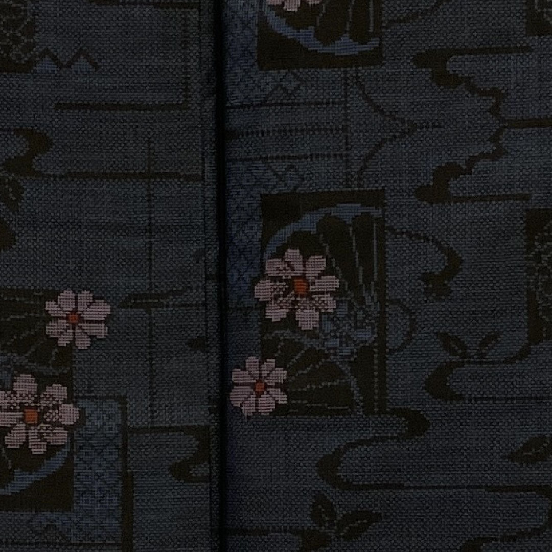 大島紬 身丈164cm 裄丈65cm 5マルキ 流水 色紙・花模様 正絹 Sランク 袷 紺系 1116000682318