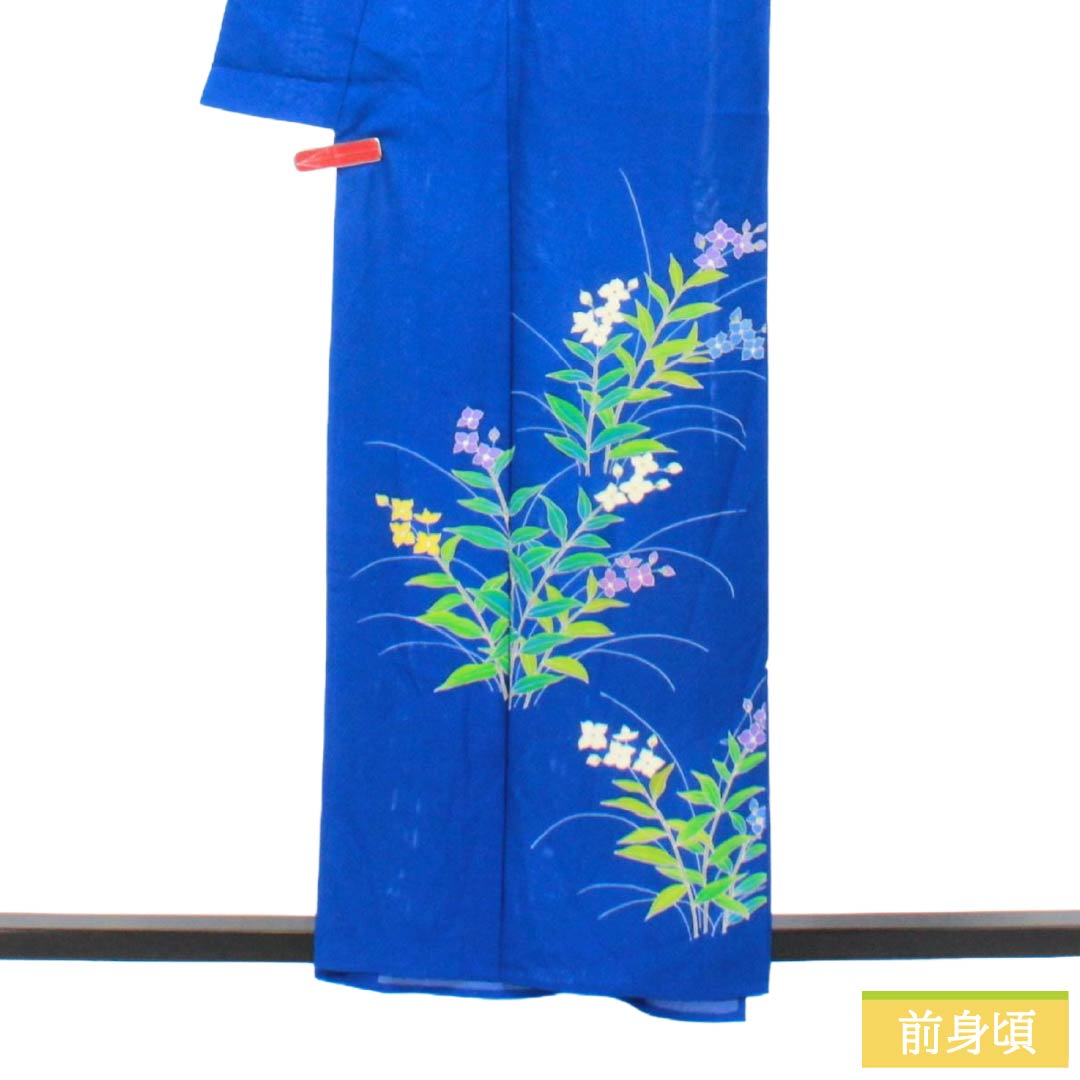 夏物 正絹 訪問着 Aランク 身丈157.5cm 裄丈64cm 瑠璃色（るりいろ） 付下げ 草花模様 京友禅 絽 青系 1132003753317