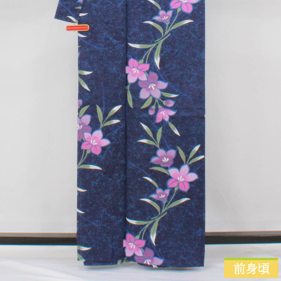 Cotton Yukata, Length 163cm, Sleeve Length 66cm, S Rank, Single Layer, Navy Blue, Gentian Pattern, 1118006432418