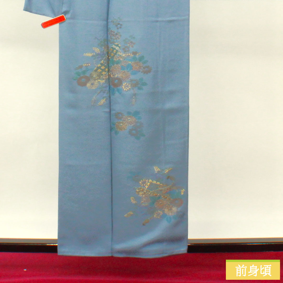訪問着 正絹 袷 身丈158cm 裄丈63cm 薄花色（うすはないろ） 刺繍 草花模様 Aランク 青系 1112004693317