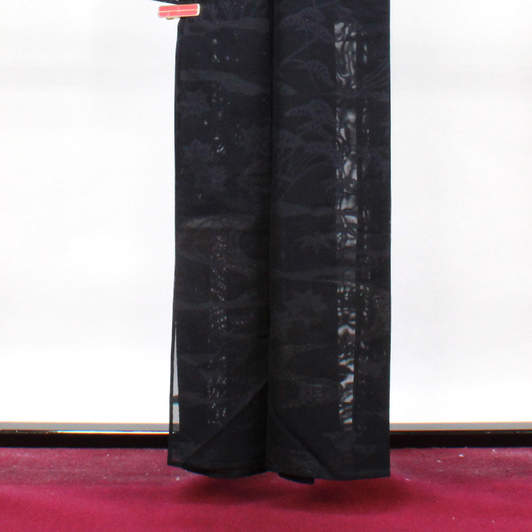 夏物 正絹 色無地 身丈160cm 裄丈61.5cm 紫黒色（しこくしょく） 草花模様 紗 Aランク 紫系 1132001033420