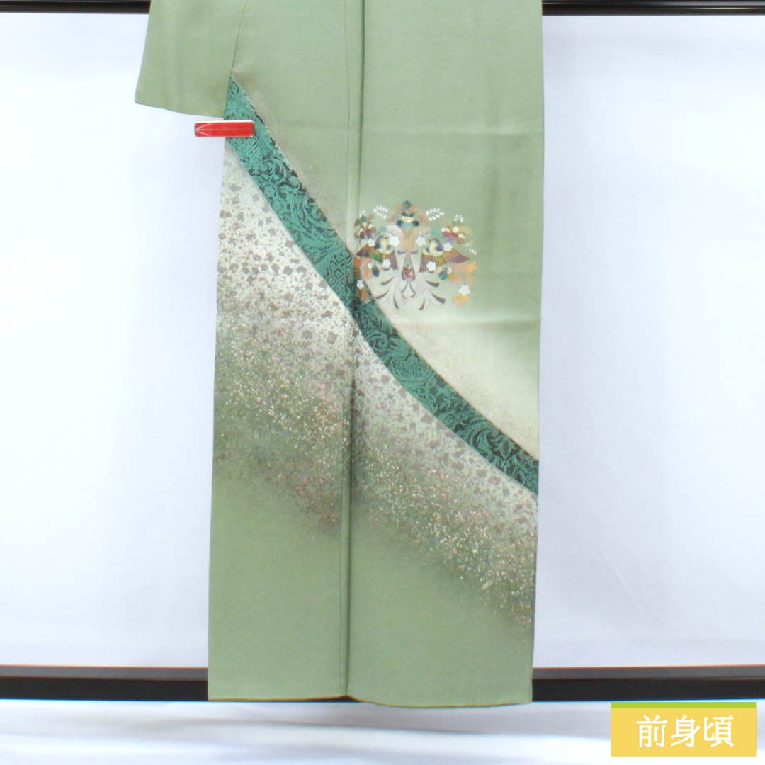 訪問着 正絹 Aランク 袷 身丈155cm 裄丈58.5cm 裏葉色（うらはいろ） 螺鈿煌彩 金彩加工 吉祥文様 丹後ちりめん 八丁水撚り 緑系 1112007423319