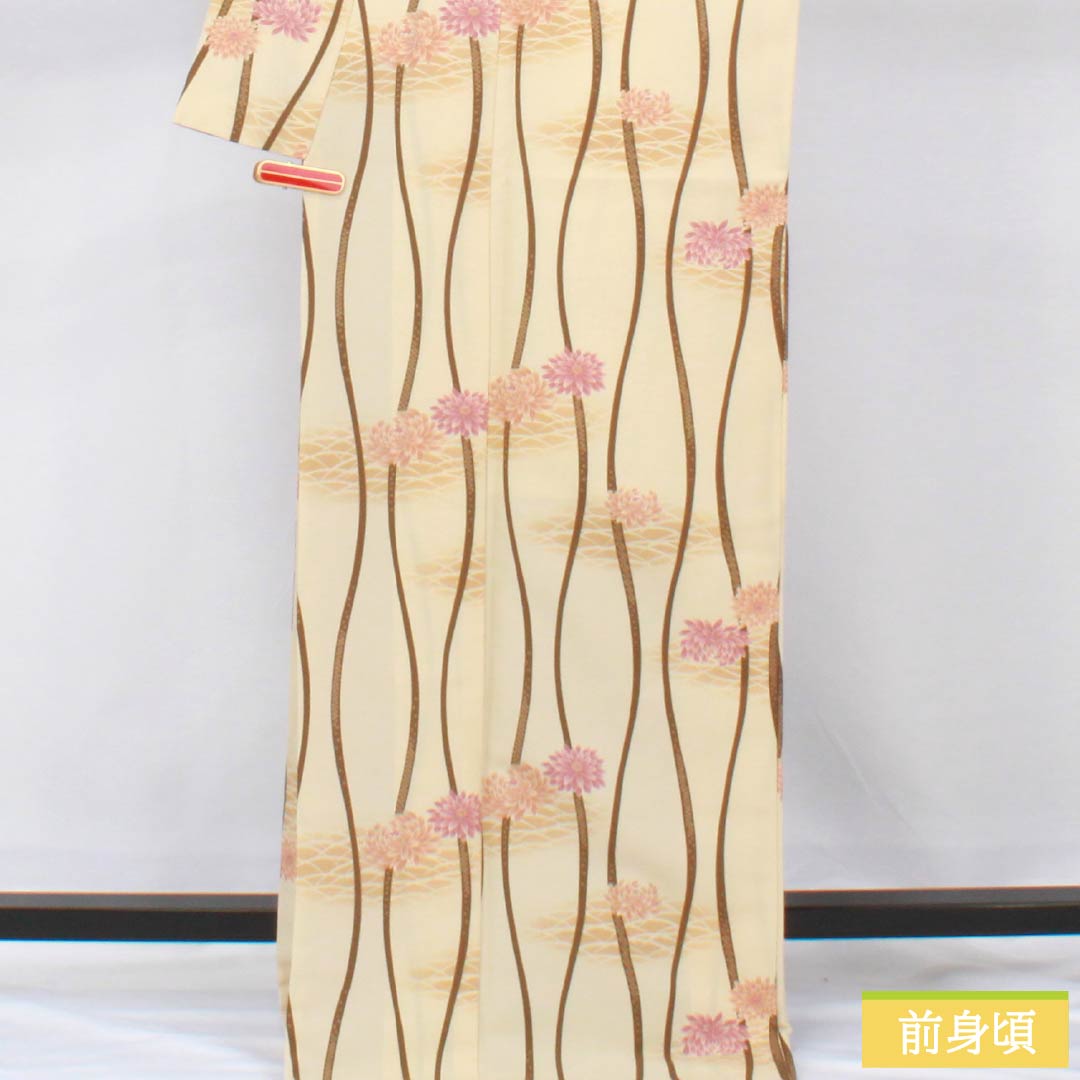 小紋 ポリエステル 身丈171.5cm 裄丈68cm 袷 薄卵色（うすたまごいろ） 立涌 菊 洗える着物 Aランク クリーム系 1115006033615