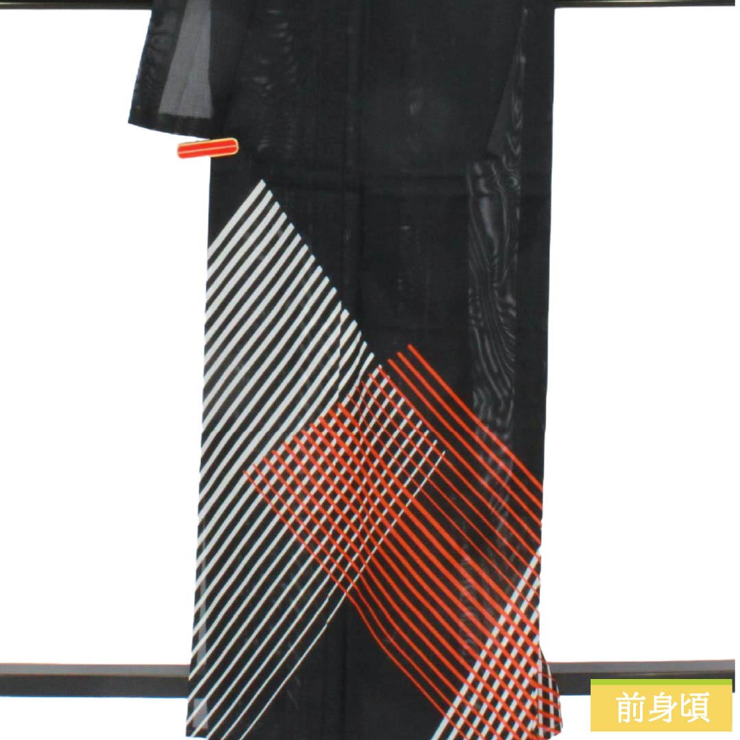 夏物 ポリエステル 付下げ Sランク 身丈163.5cm 裄丈64cm 洗える着物 抽象模様 絽 黒系 1132006222410