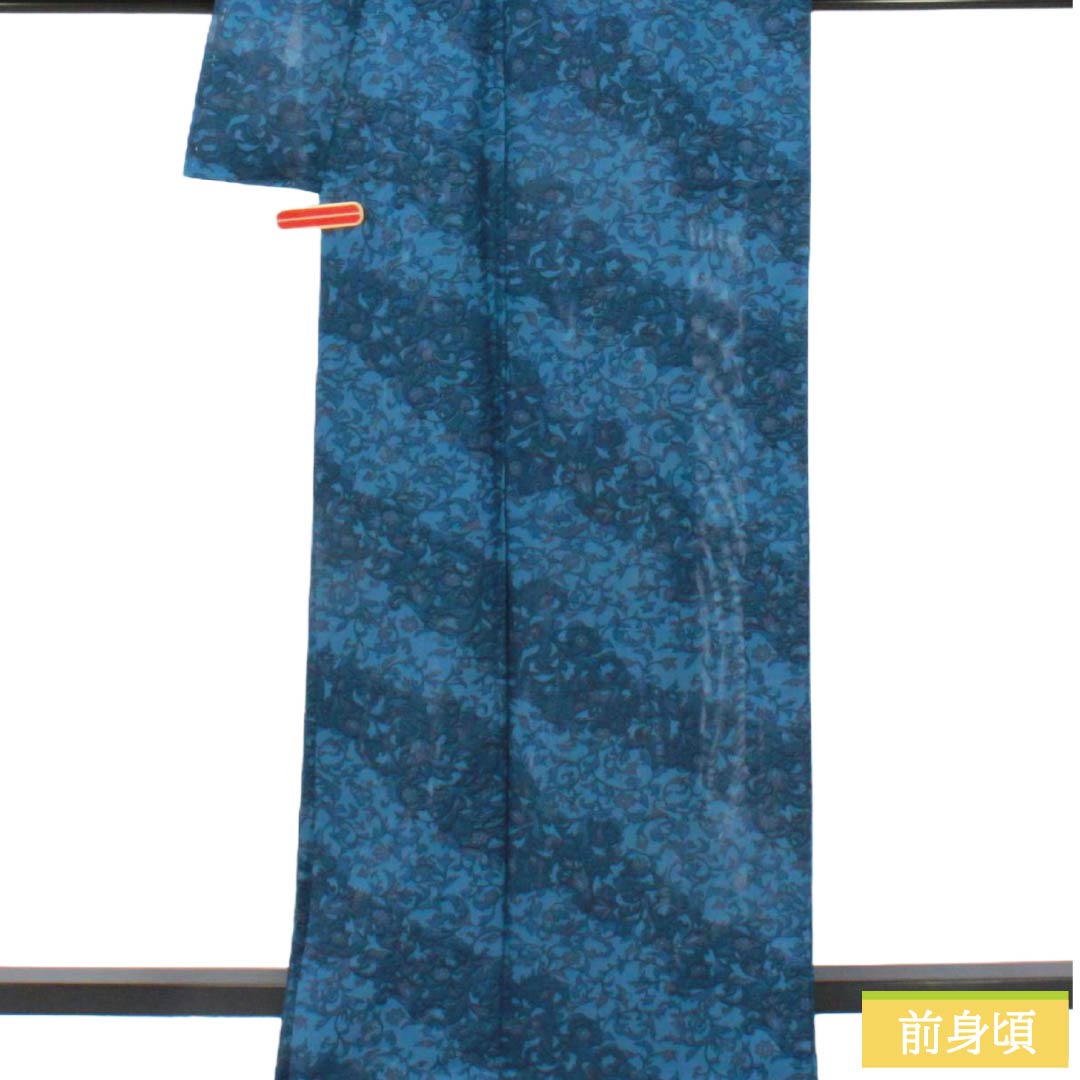 夏物 ポリエステル 小紋 Aランク 身丈167cm 裄丈66cm 甕覗色（かめのぞきいろ） 洗える着物 更紗模様 絽 青系 1132006103517