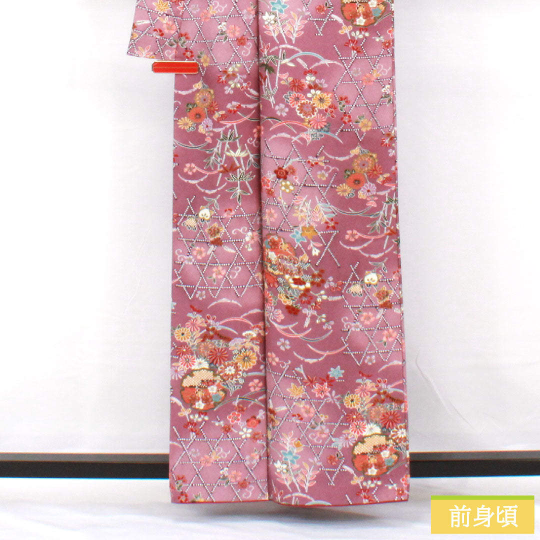 小紋 ポリエステル 身丈169.5cm 裄丈64.5cm 袷 京藤色（きょうふじいろ） 洗える着物 草花模様 Aランク 紫系 1115004623520