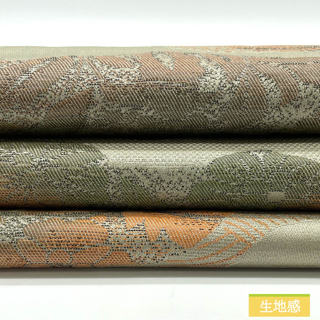 名古屋帯 黄鼠色（きねずいろ） 博多織 ふくれ織 キプロスの秘宝 帯丈356cm 正絹 Sランク 六通 カジュアル 緑系 1124008202319 松葉仕立て