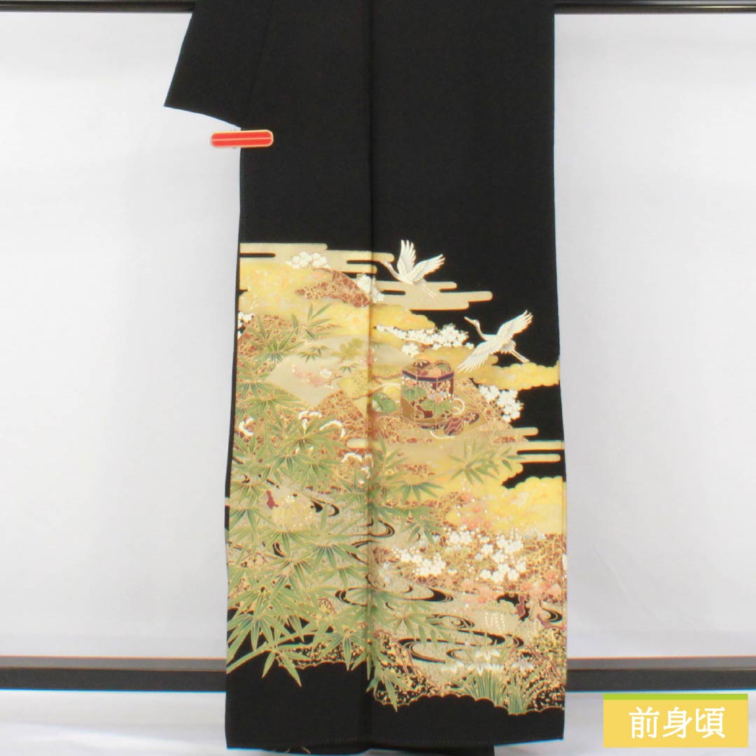 Black Tomesode (Japanese Kimono) - Pure Silk, Grade A, Length 160.5cm, Sleeve Length 65cm, Lined, Kyoto Yuzen, Five Crests, Plum Blossom, Story Design, Crane, Shell Bucket, Pine Tree, Black, Item Number: 1111002083410