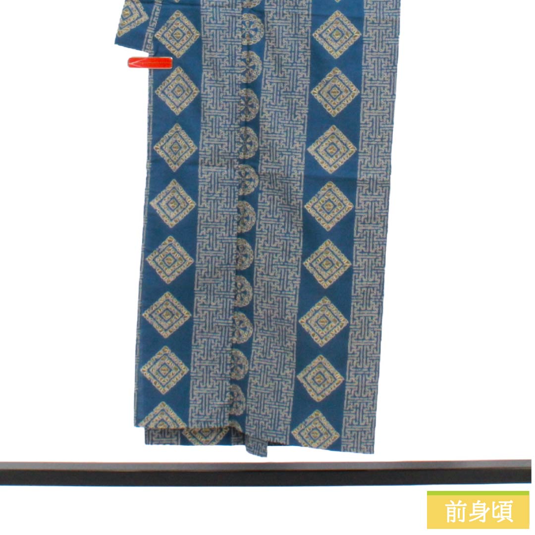 メンズ浴衣 木綿 Sランク 身丈150cm 裄丈71.5cm 裏色（うらいろ） 幾何学模様 単衣 青系 1138000502517