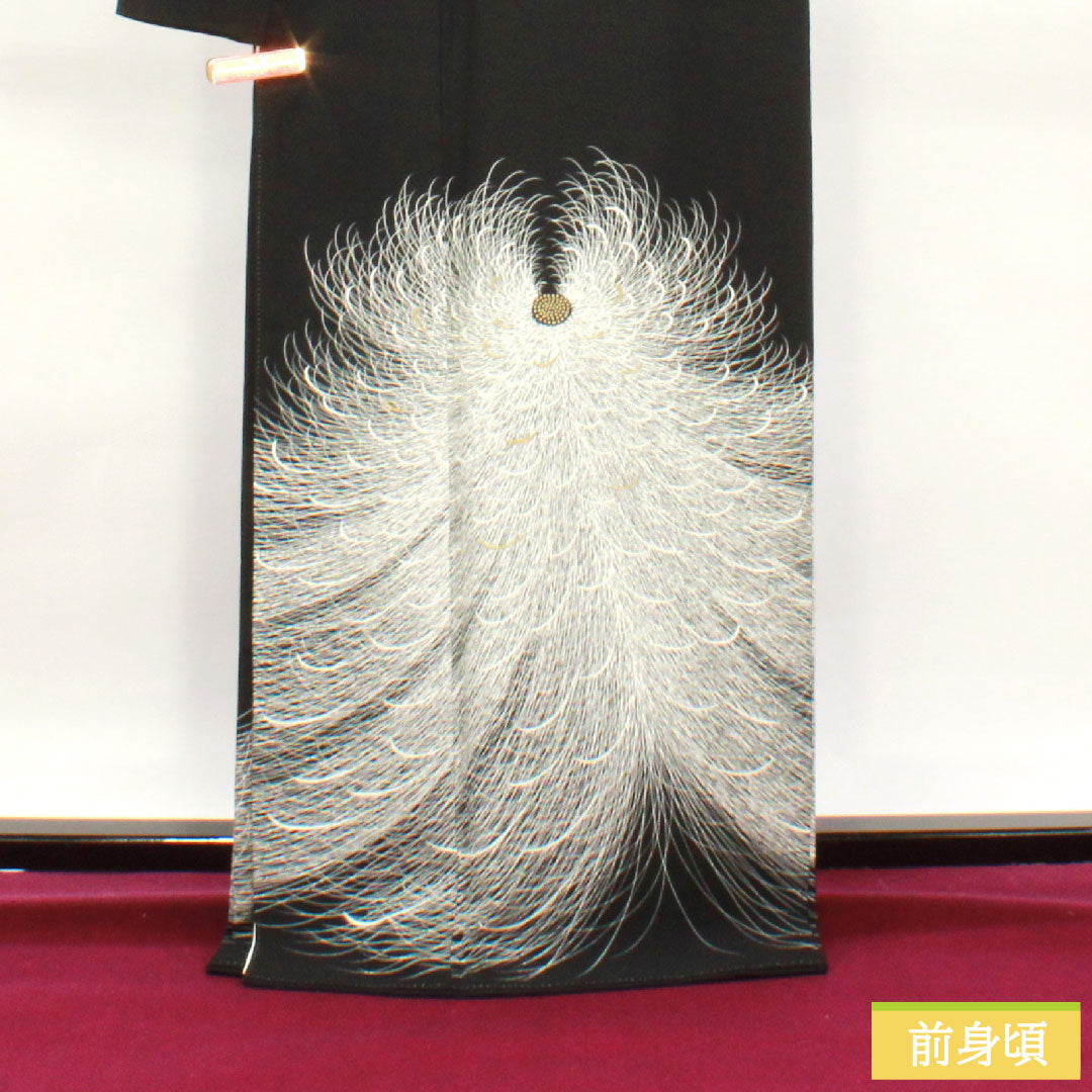 黒留袖 正絹 身丈167cm 裄丈67cm 袷  手描き友禅 菊 五つ紋 三ツ割片喰 Sランク 五つ紋 黒系 1111001282510