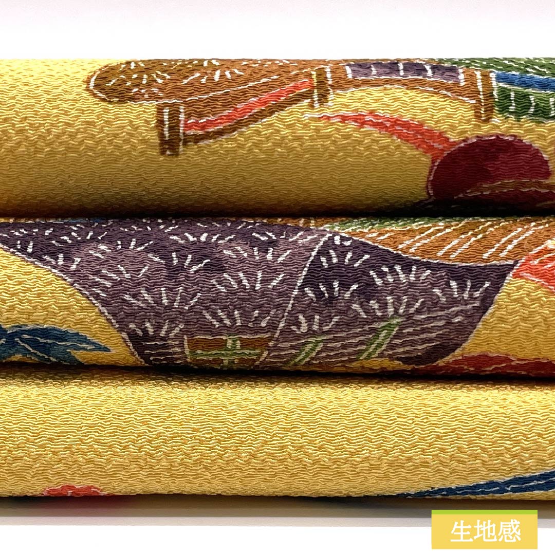 名古屋帯 正絹 Aランク 卵色（たまごいろ） ちりめん地 京紅型 三越ちりめん 帯丈347cm 全通 カジュアル 黄系 1124009193323 名古屋仕立て