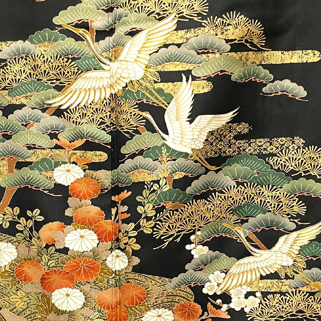 黒留袖 身丈159.5cm 裄丈65cm 袷 京友禅 鶴 片喰 正絹 Aランク 五つ紋 黒系 1111000713310