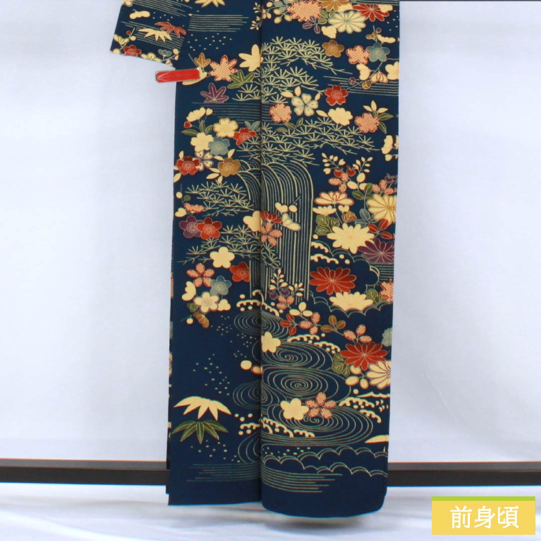 訪問着 正絹 Aランク 袷 身丈160cm 裄丈64.5cm 紺色（こんいろ） 型染 流水 小花 紺系 1112006913418