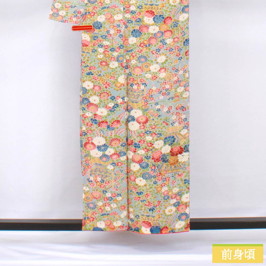 Small pattern, pure silk, length 156.5cm, sleeve length 64cm, lined, Kinuta celadon color, flower basket, rank S, light blue, 1115005792324
