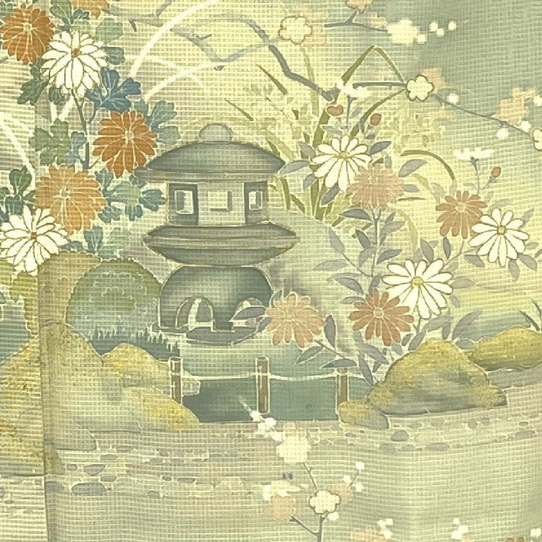 色留袖 身丈156.5cm 裄丈64cm 紗 庭園風景 作家物 正絹 Aランク 一つ紋 緑系 1111000153319