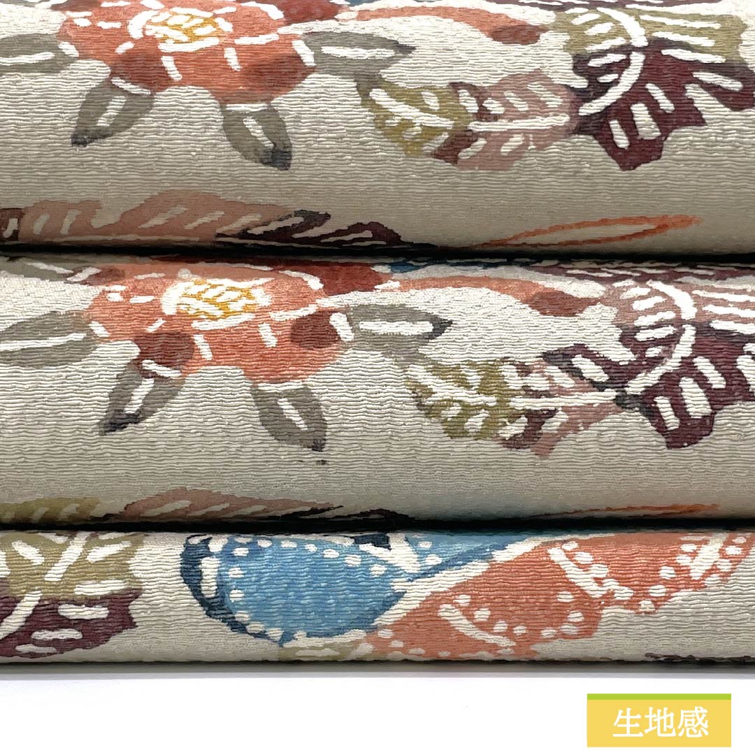 名古屋帯 正絹 Aランク 蕎麦切色（そばきりいろ） 型染 紅型調 抽象花 帯丈340cm 六通 カジュアル グレー系 1124010443322 名古屋仕立て