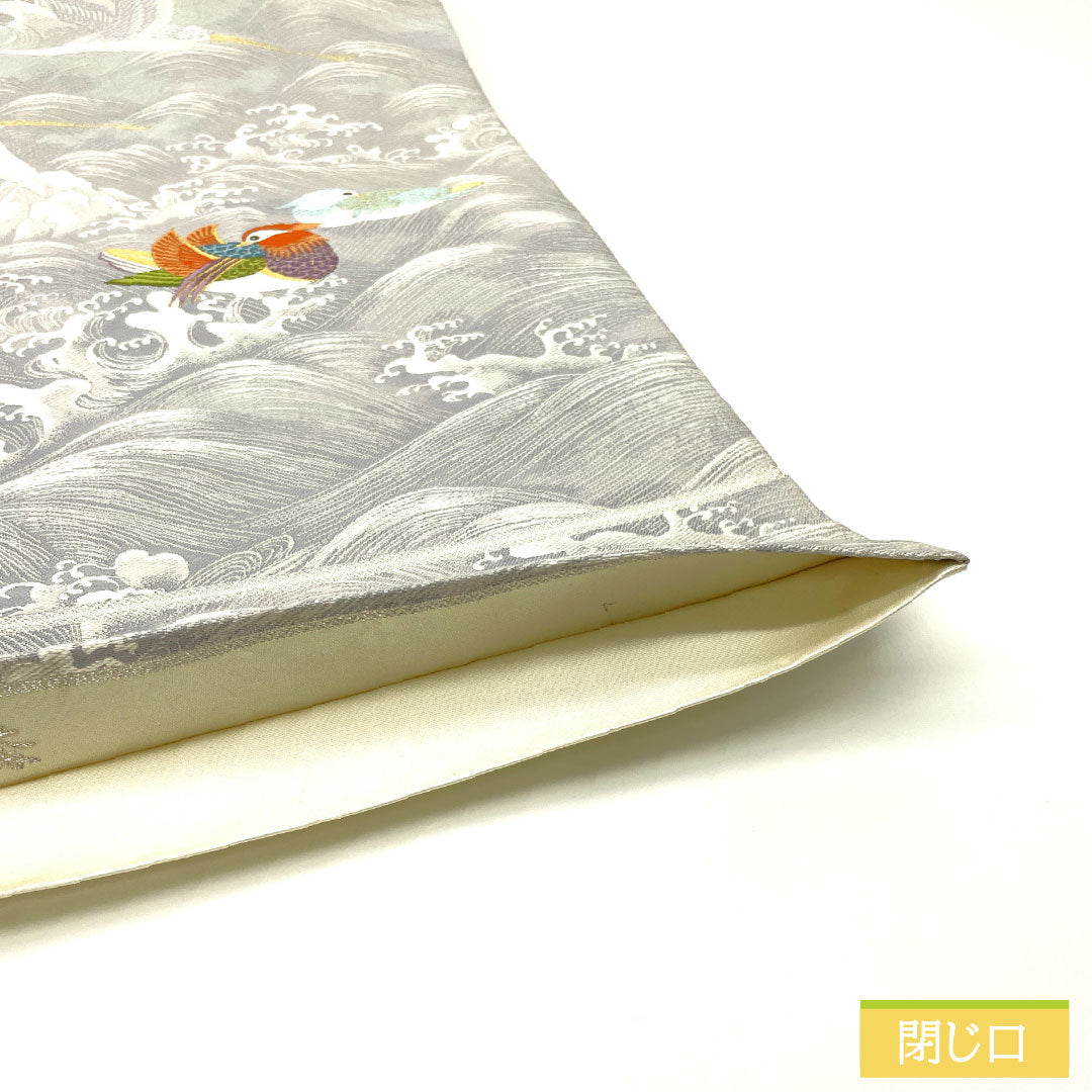 袋帯 正絹 Bランク 白銅色（はくどういろ） 西陣織 波涛鴛鴦 鶴 帯丈424cm 六通 フォーマル グレー系 1123016084322