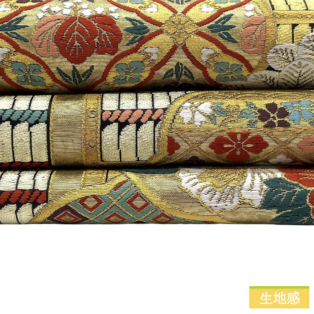 袋帯 正絹 Sランク 金色（きんいろ） 西陣織 小袖花丸文 古典柄 帯丈443cm 六通 フォーマル 金系 1123018402321