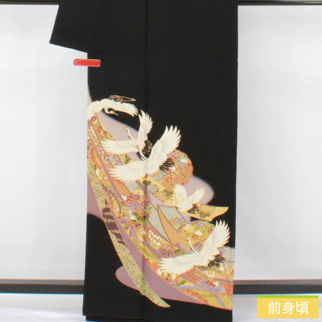 Black Tomesode (Japanese Kimono) - Pure Silk, S Rank, Length 163cm, Sleeve Length 66.5cm, Lined, Kyoto Yuzen, Five Crests, Paulownia, Crane, Noshi, Pine, Plum, Black, 1111002102410