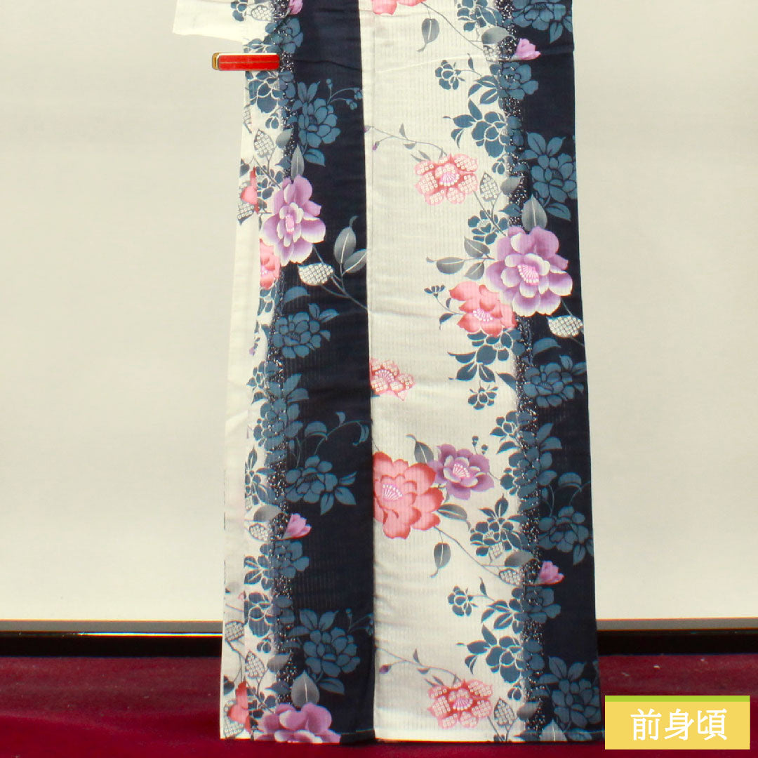 浴衣 木綿 身丈166cm 裄丈67cm Sランク 単衣 白系 竪絽（たてろ） 芍薬 1118004752511