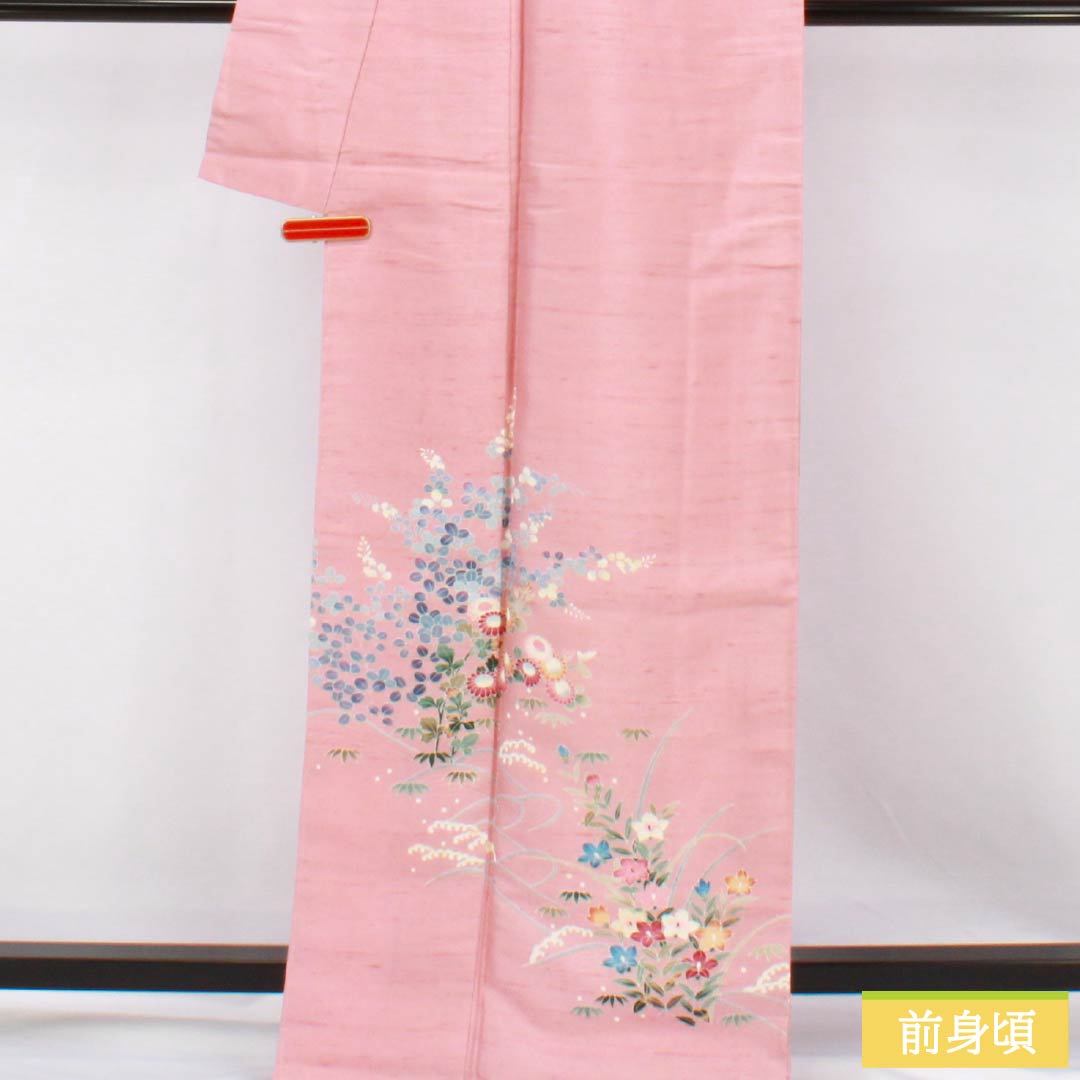 訪問着 正絹 Bランク 袷 身丈167cm 裄丈66cm 似桃色（にせももいろ） 牛首紬 京加賀友禅 付下げ 作家物 草花 ピンク系 1112007544513