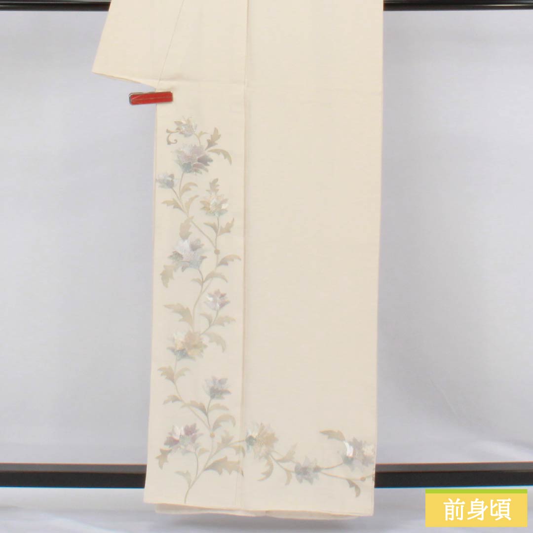 訪問着 正絹 Aランク 袷 身丈158cm 裄丈60cm かざり錦 佐賀錦 小島敏男 通し裏 付下げ 草花模様 クリーム系 1112006803315
