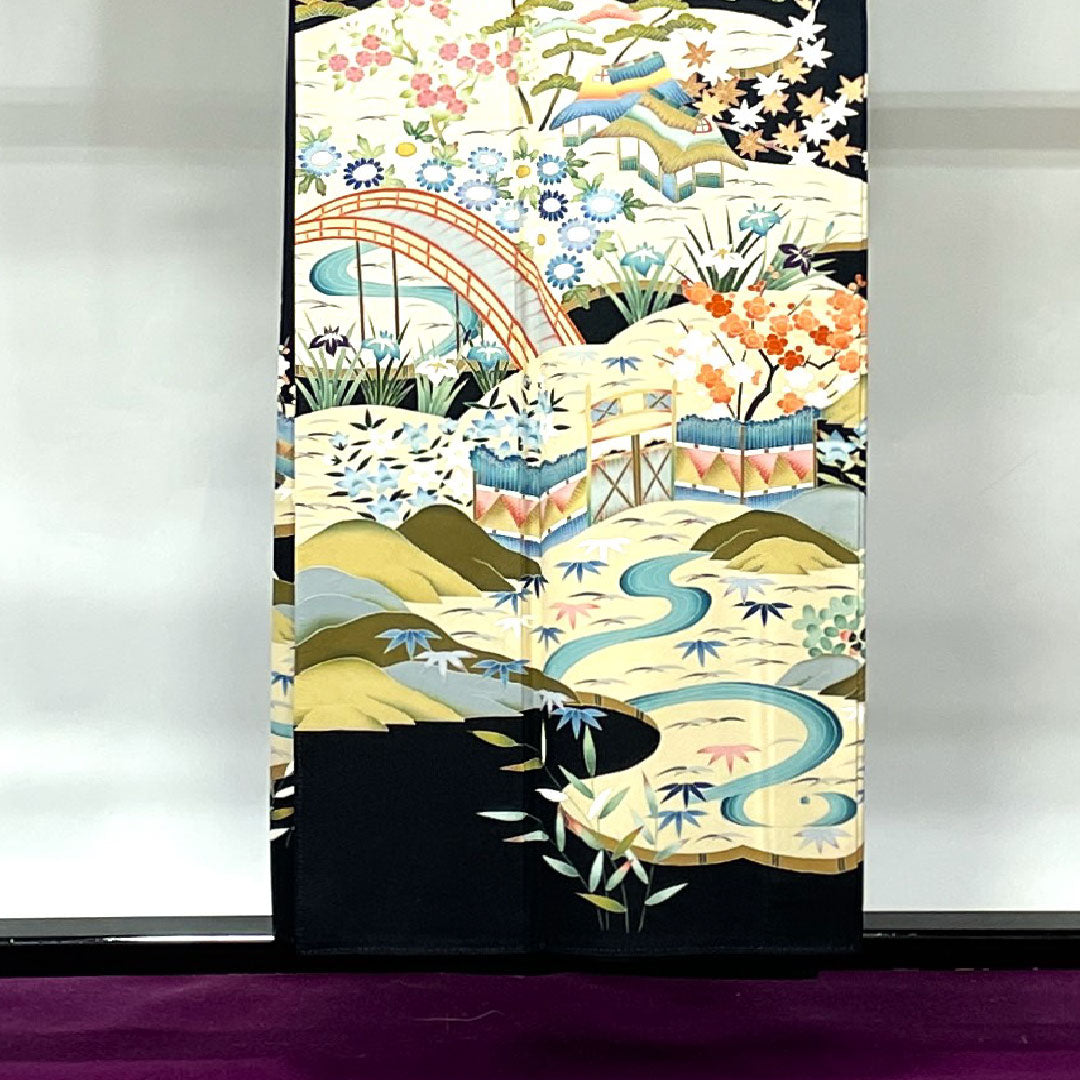 黒留袖 身丈154.5cm 裄丈62cm 袷 京友禅 風景模様 糸輪に覗き木瓜 正絹 Aランク 五つ紋 黒系 1111000883210