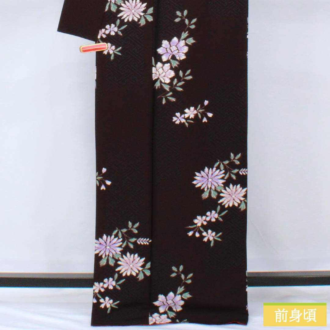 小紋 ポリエステル 身丈168.5cm 裄丈65cm 袷 紗綾形 花 洗える着物 Sランク 黒系 1115005952510