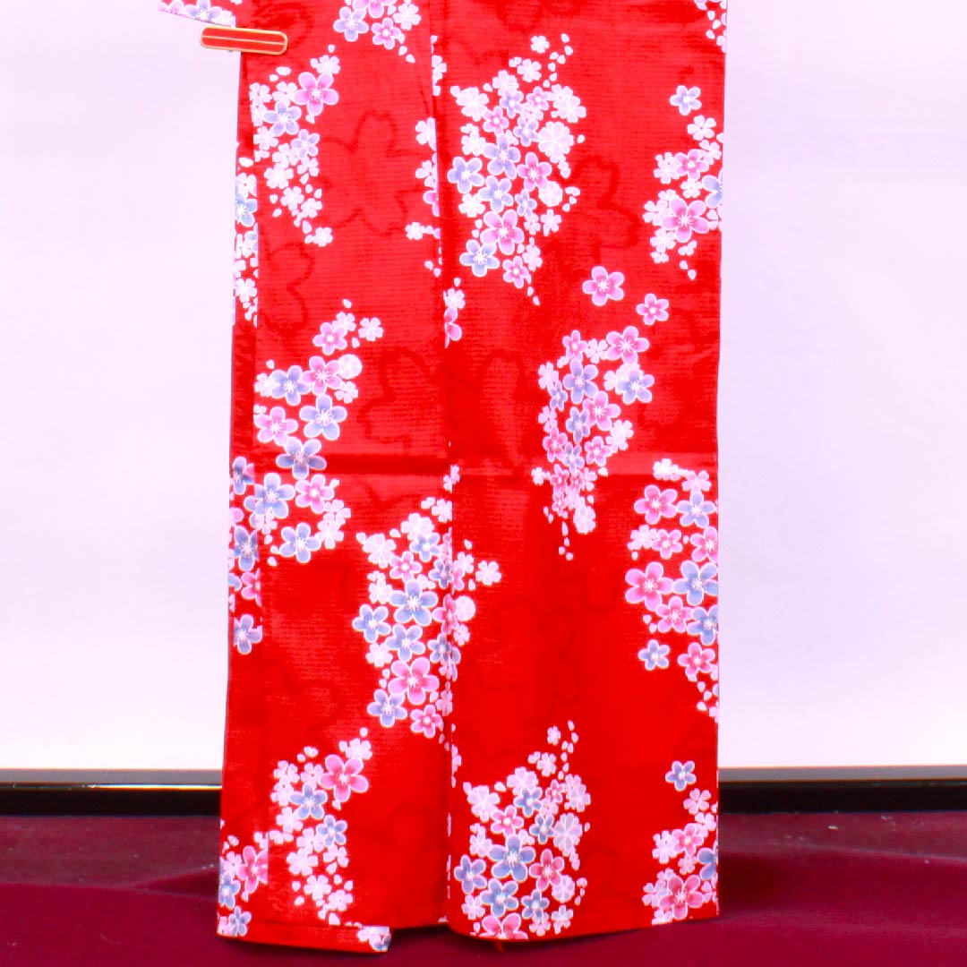 浴衣 土耳古赤色 梅 桜 木綿 Sランク 単衣 身丈165cm 裄丈65.5cm 赤系 1118004232512
