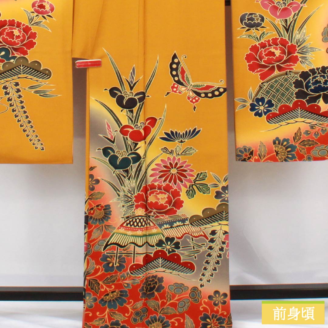 振袖 正絹 Sランク 身丈164cm 裄丈67cm 袷 小麦色（こむぎいろ） 京紅型 吉祥文様 蝶 松 パールトーン加工 橙系 1113002332426