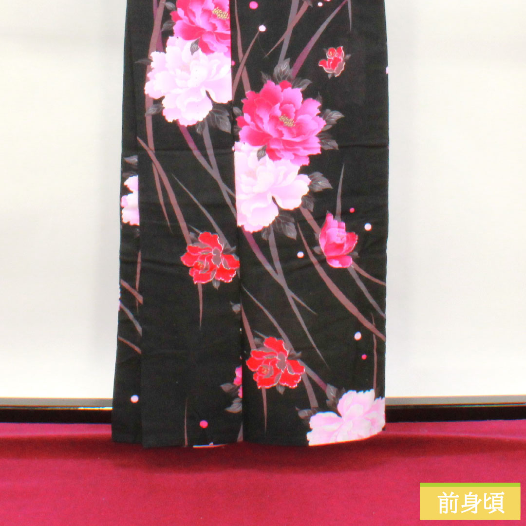 浴衣 木綿 身丈159.5cm 裄丈67cm Sランク 単衣 黒系 牡丹 1118005212310