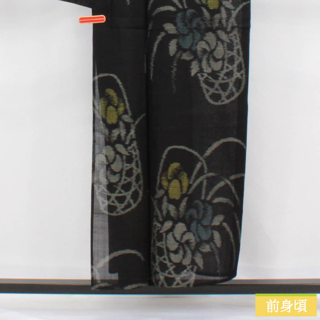 Summer Silk Tsumugi Kimono, Length 152cm, Sleeve Length 69.5cm, Flower Basket, Gauze, S Rank, Black, 1132002842210