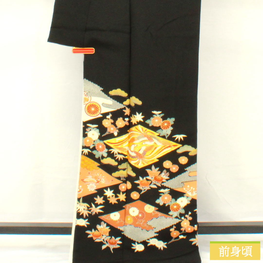 Black formal kimono, pure silk, length 169cm, sleeve length 67.5cm, lined, Kyoto Yuzen, auspicious pattern, five crests, five-three paulownia, A rank, black, 1111001473510