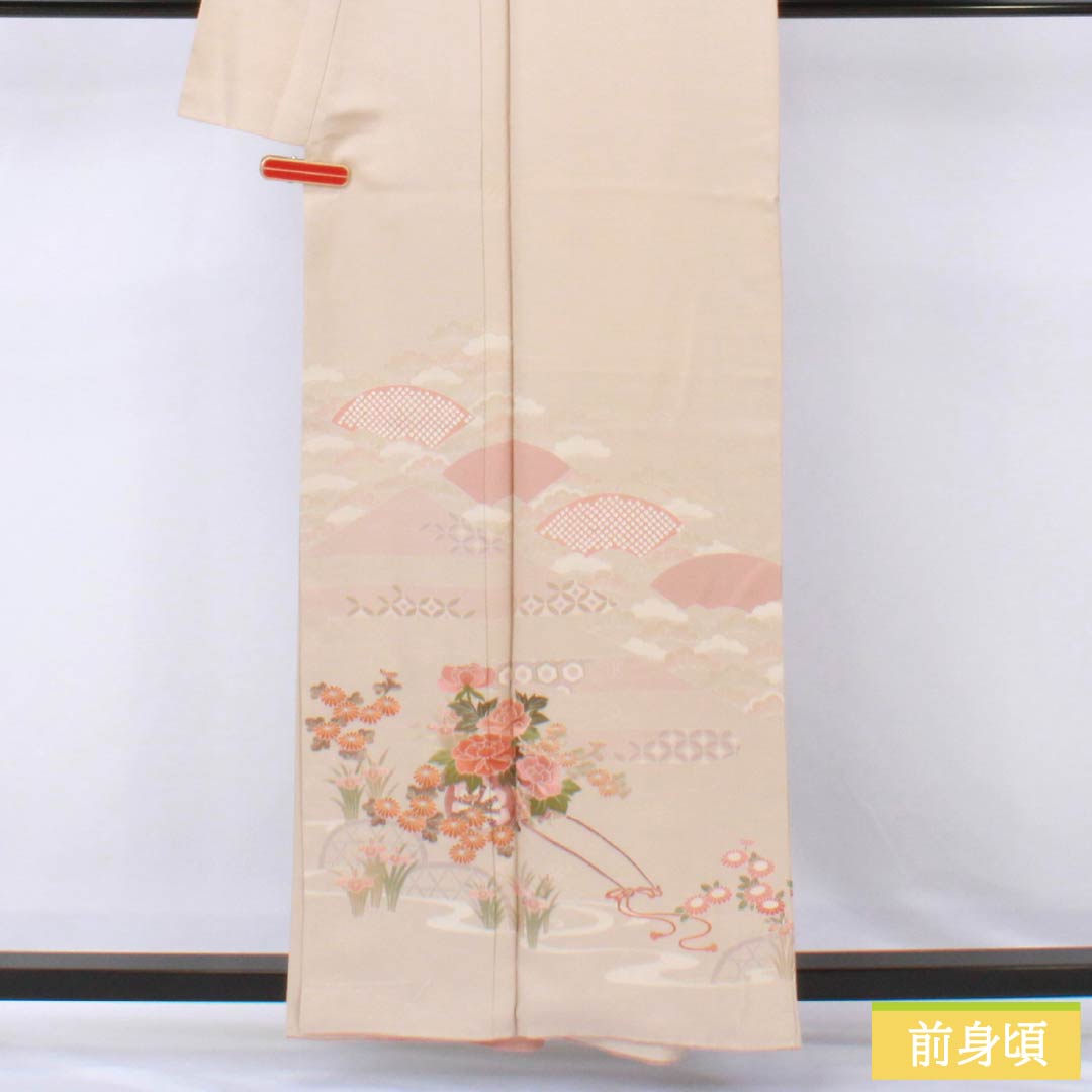 訪問着 正絹 Sランク 袷 身丈159cm 裄丈68cm 翁茶色（おきなちゃいろ） 京友禅 付下げ 蘇州刺繡 花車 扇面 ピンク系 1112006622313