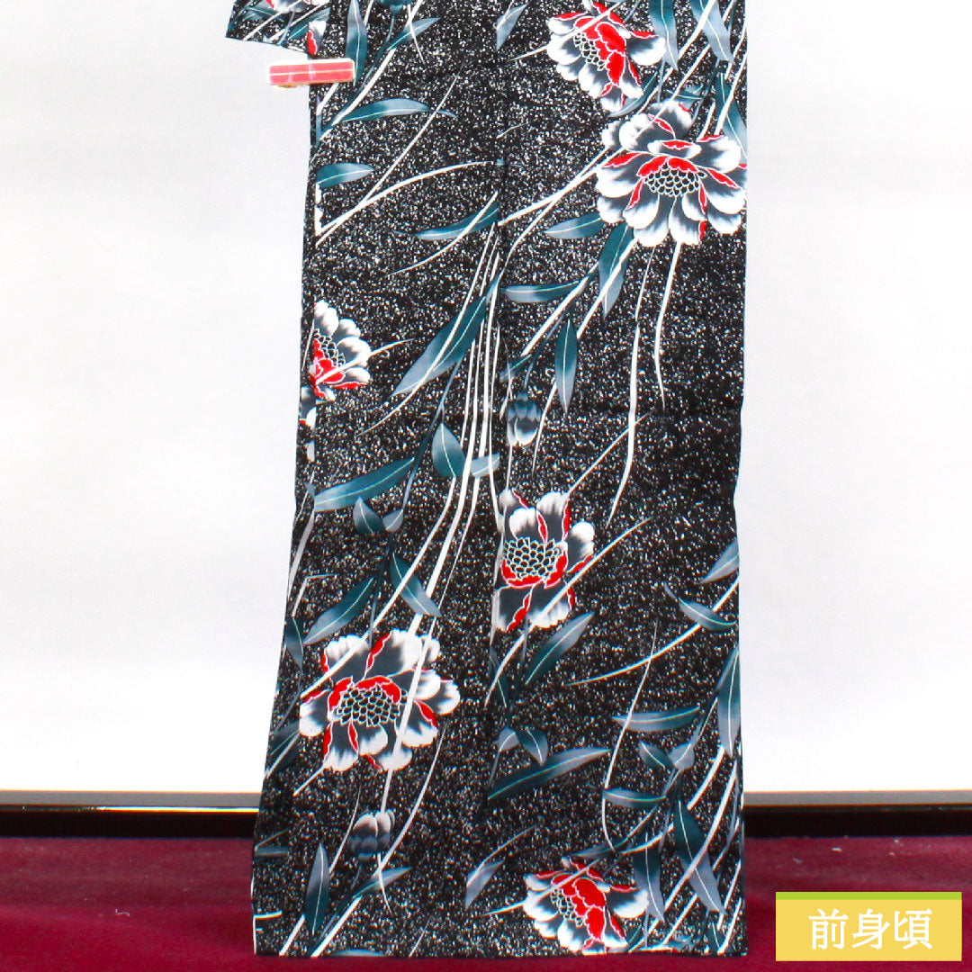 浴衣 木綿 身丈168.5cm 裄丈63cm Sランク 単衣 黒系 芍薬 1118004622510