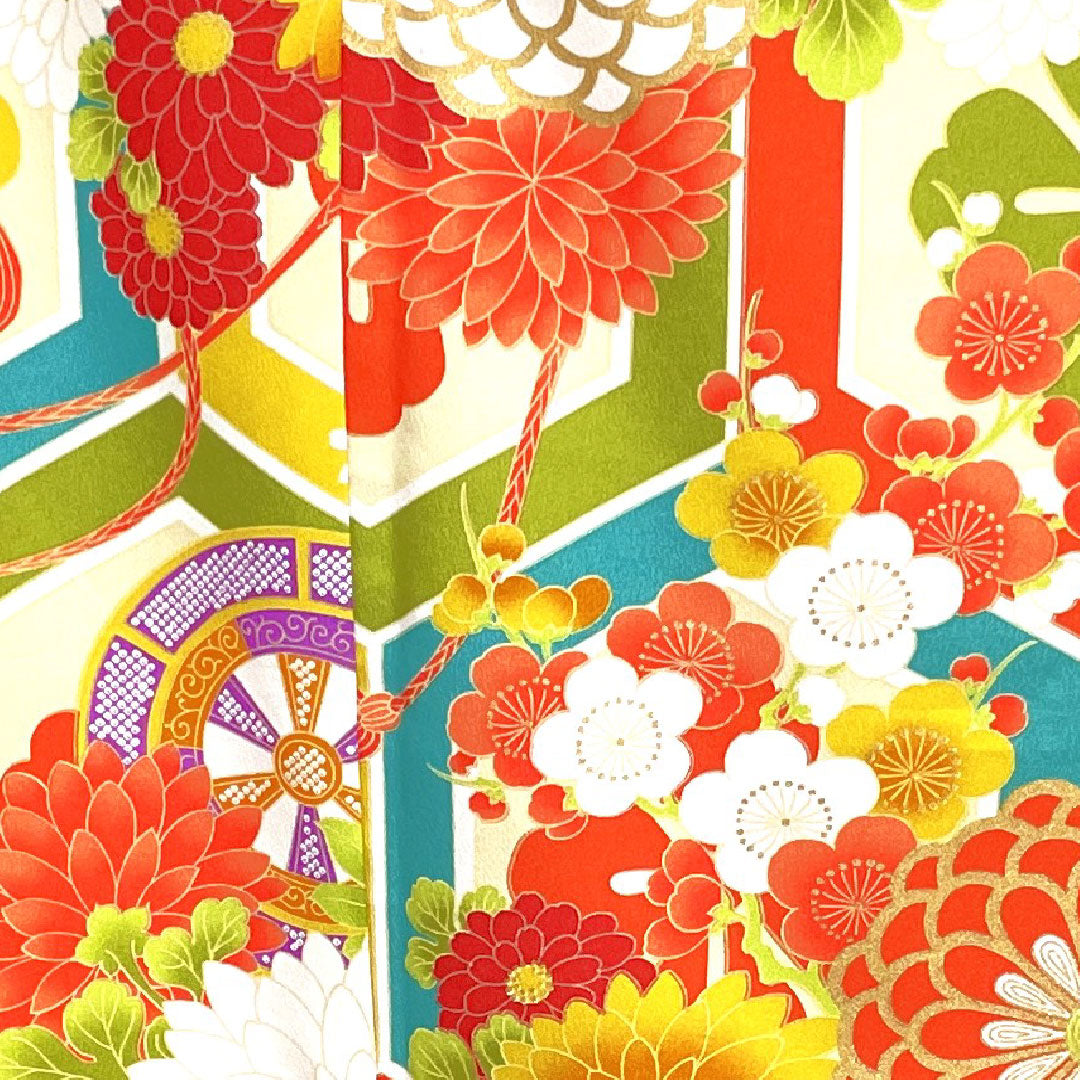 振袖 身丈170.5cm 裄丈67.5cm 袷  洗える着物 亀甲 菊 梅 藤  ポリ Sランク グラデ 1113001012699