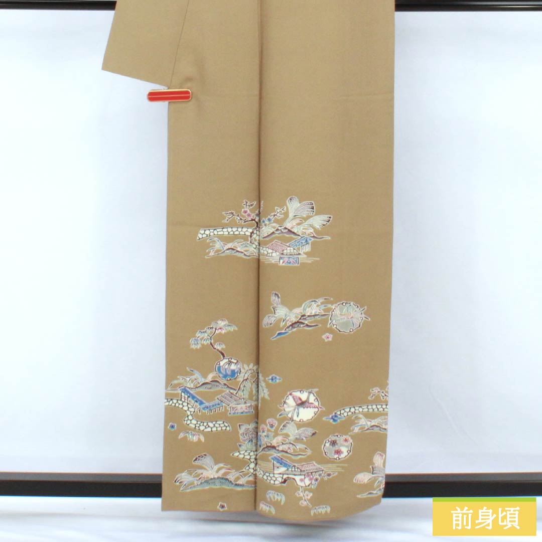 訪問着 正絹 Aランク 袷 身丈160cm 裄丈62.5cm 丁子煤竹色（ちょうじすすたけいろ） 琉球紅型 雪輪 鳳凰 風景 パールトーン加工 ベージュ系 1112007273425