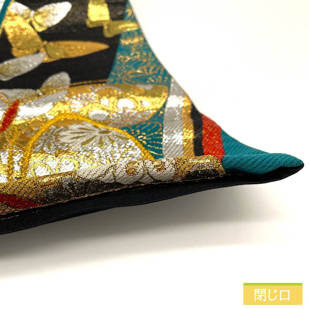 袋帯 正絹 碧色色（へきしょくいろ） 蝶 菊 桜 帯丈426cm Sランク 六通 フォーマル 緑系 1123011982319