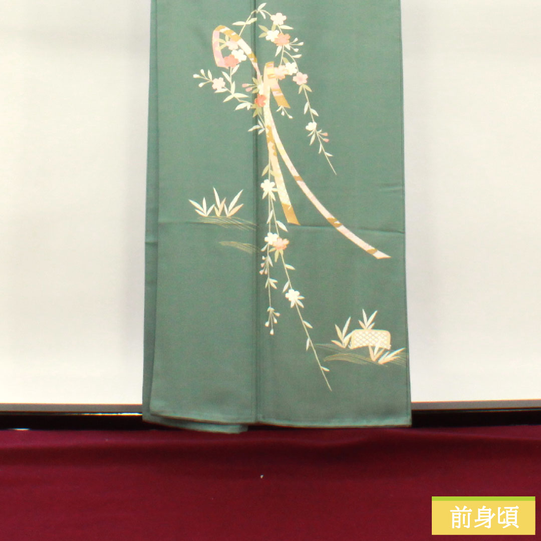 Homongi, pure silk, lined, length 156cm, sleeve length 65.5cm, rust celadon color, Kyo-Yuzen, auspicious pattern, A rank, green, 1112003673319