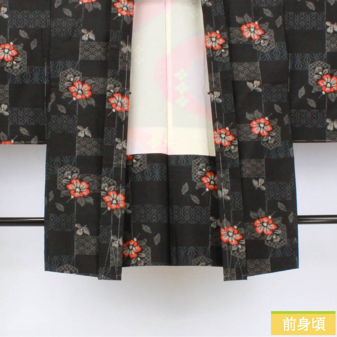羽織 正絹 Sランク 身丈47cm 裄丈65cm 村山大島 麻の葉 七宝 花 袷 黒系 1117001362910