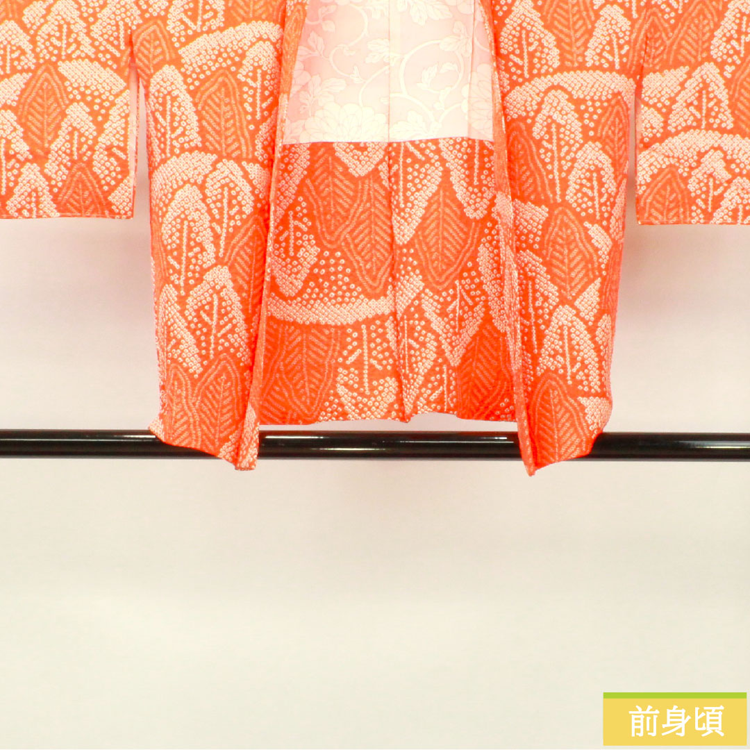 Haori (Japanese traditional coat) made of pure silk, length 74cm, sleeve length 64.5cm, maple leaf color, all-dyed, abstract pattern, with basting thread, S rank, lined, orange, 1117001072926