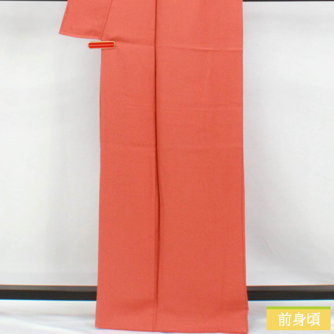 Solid-colored silk kimono, S rank, length 166cm, sleeve length 67cm, medium crimson (nakabeniiro), single crest, oak and floral motifs, lined, vermilion, 1114002402516