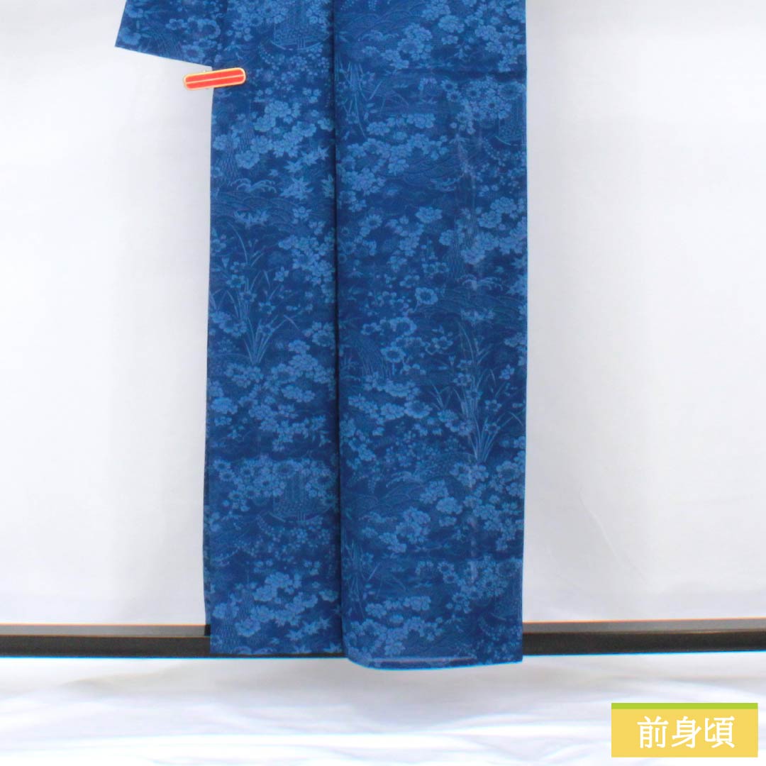 夏物 正絹 小紋 身丈157cm 裄丈65cm 紺桔梗色（こんききょういろ） 京紅型 草木染 五泉 絽 Aランク 紺系 1132002123318