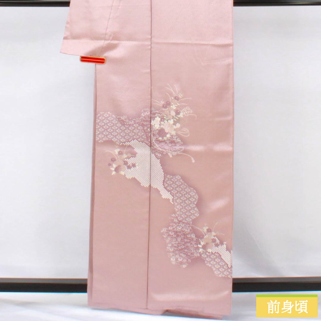 Visiting Kimono, Pure Silk, S-Rank, Lined, Length 165cm, Sleeve Length 64.5cm, Faded Red (Arasomeiro), Kyoto Yuzen, Tsukesage, Embroidered Flowers, Pink, Product Number: 1112006582513