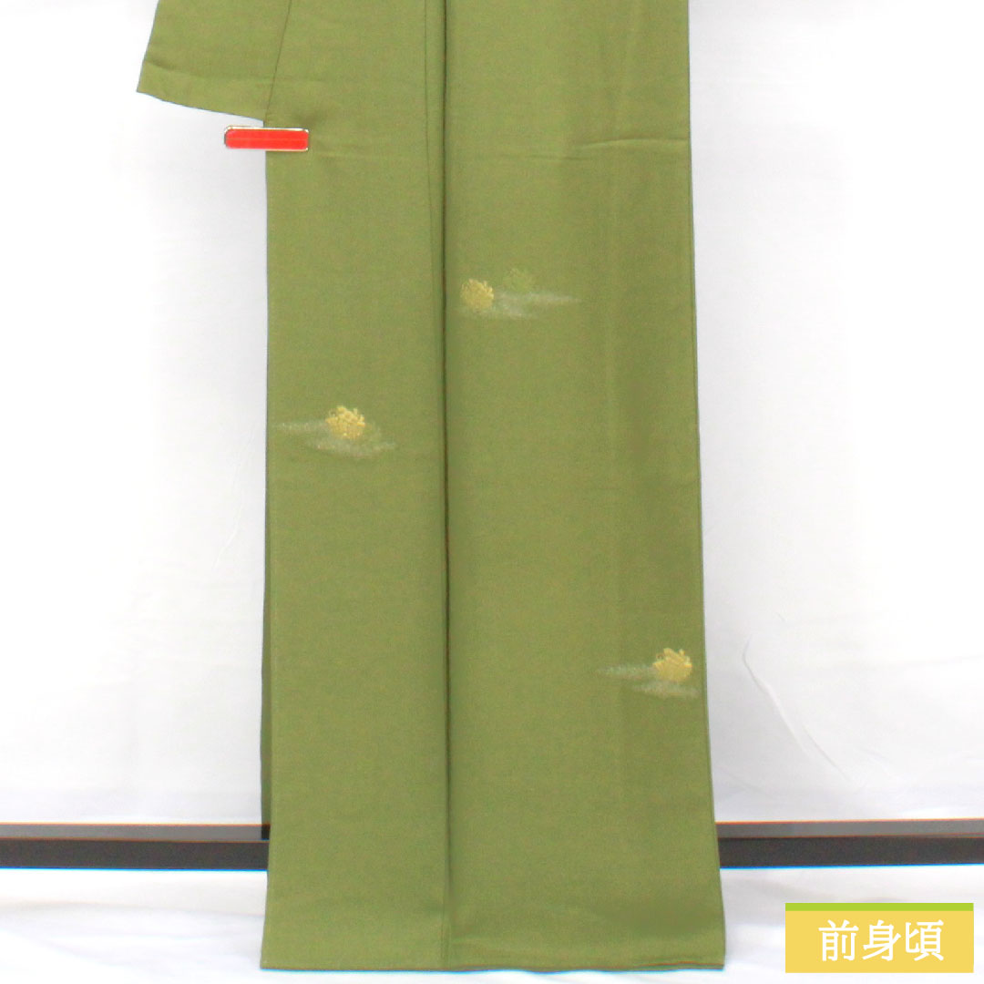 色無地 正絹 身丈164.5cm 裄丈65cm 緑衫色（ろくそういろ）縫い取り 一つ紋 揚羽蝶 袷 Sランク 緑系 1114002012419