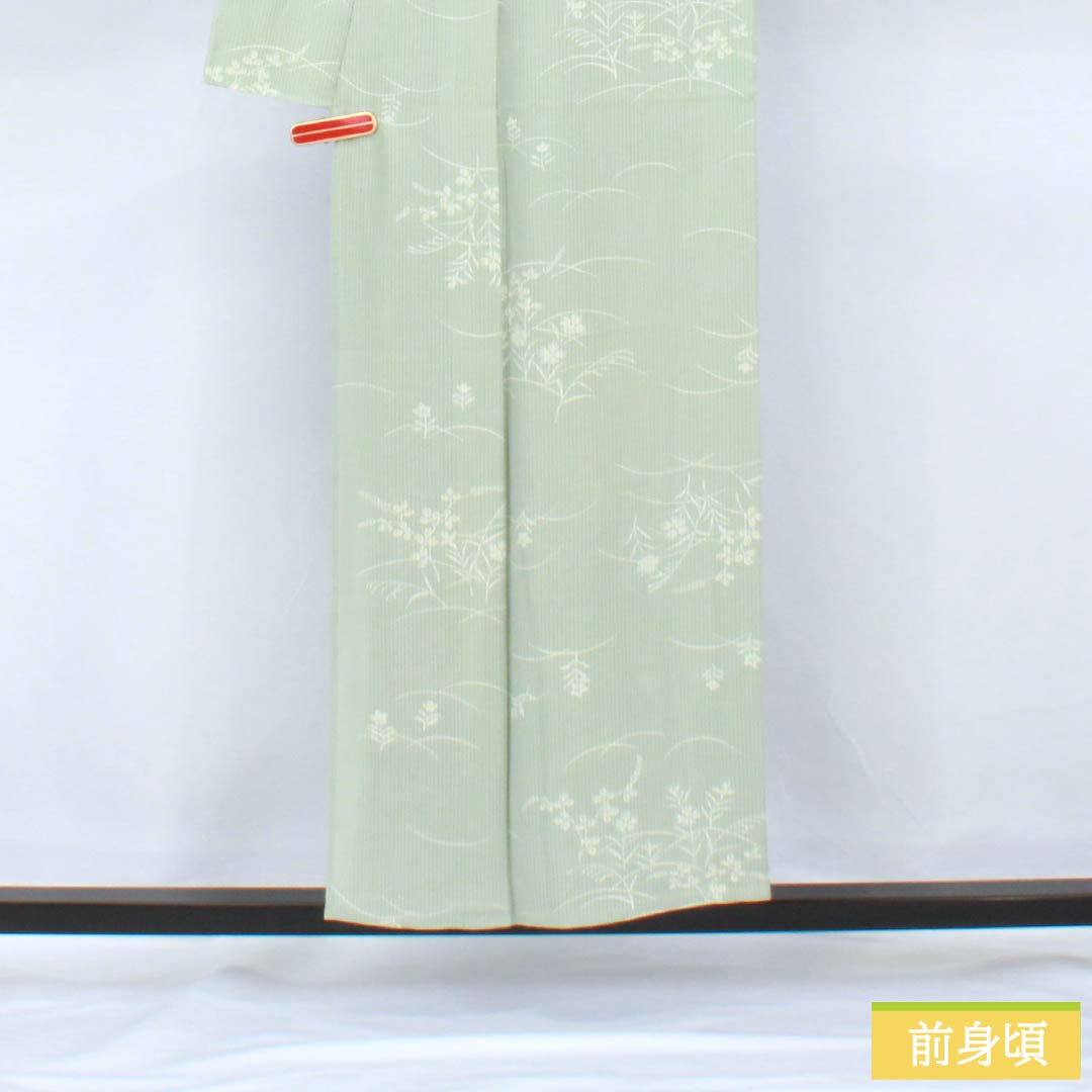 夏物 正絹 小紋 身丈153cm 裄丈62cm 白緑色（びゃくろくいろ） 京友禅 秋草 三松シルクケア 絽 Aランク 緑系 1132002093219