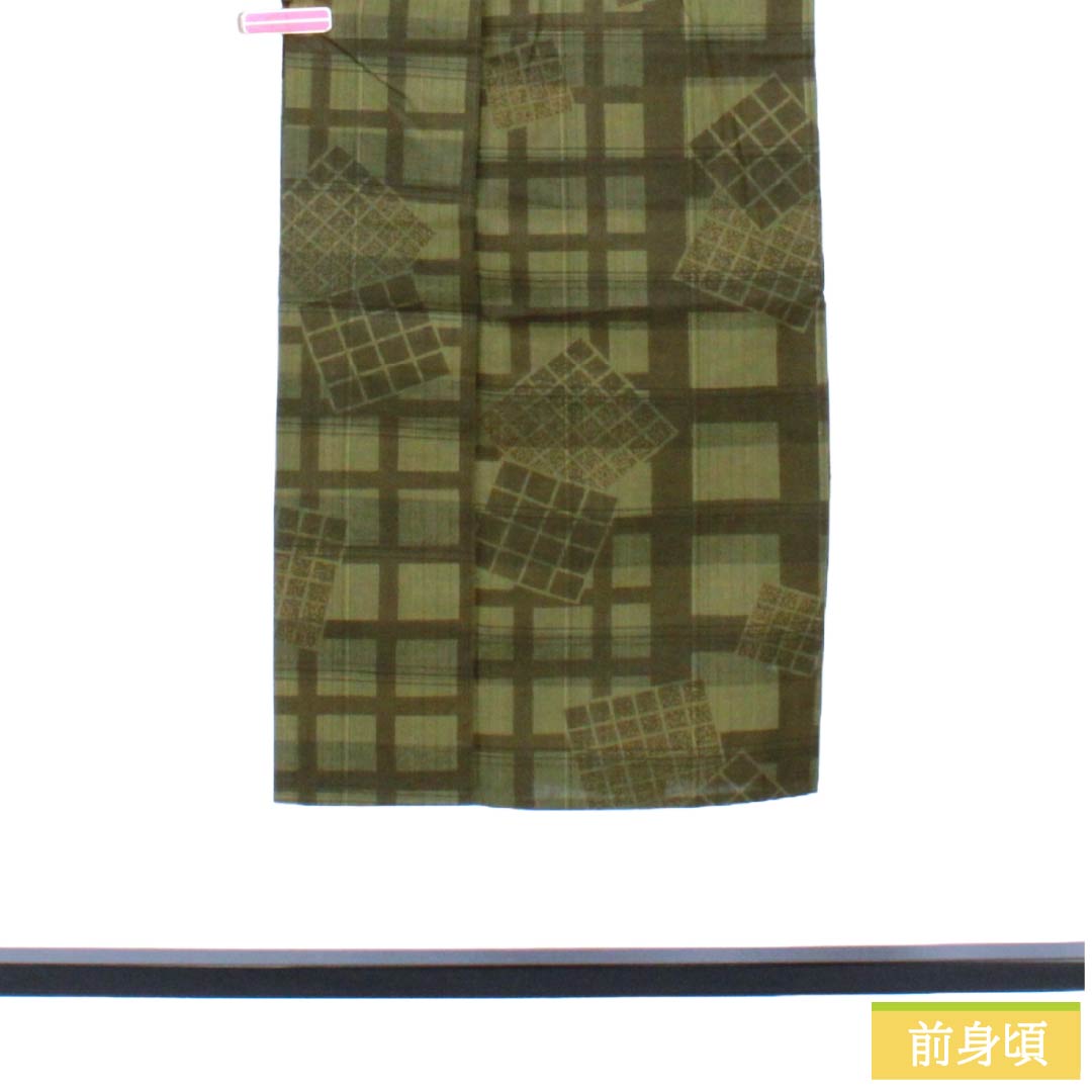メンズ浴衣 木綿 Sランク 身丈139cm 裄丈69cm 柳茶色（やなぎちゃいろ） 格子 色紙 単衣 緑系 1138000552319