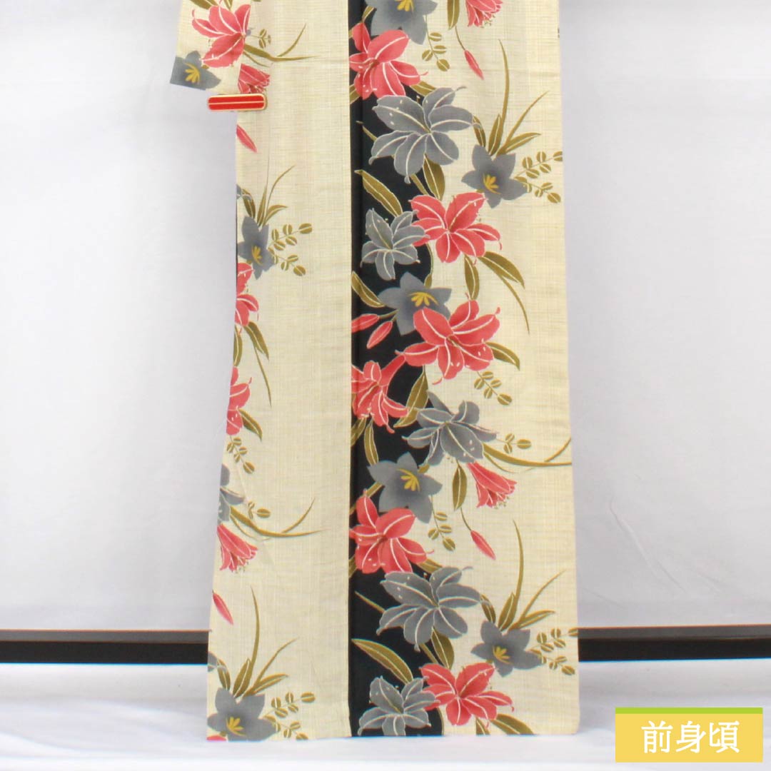 Yukata Cotton Linen Length 166.5cm Sleeve length 69.5cm A rank Single layer Beige Geouiro (Fang yellow) Lily Bellflower 1118005443525