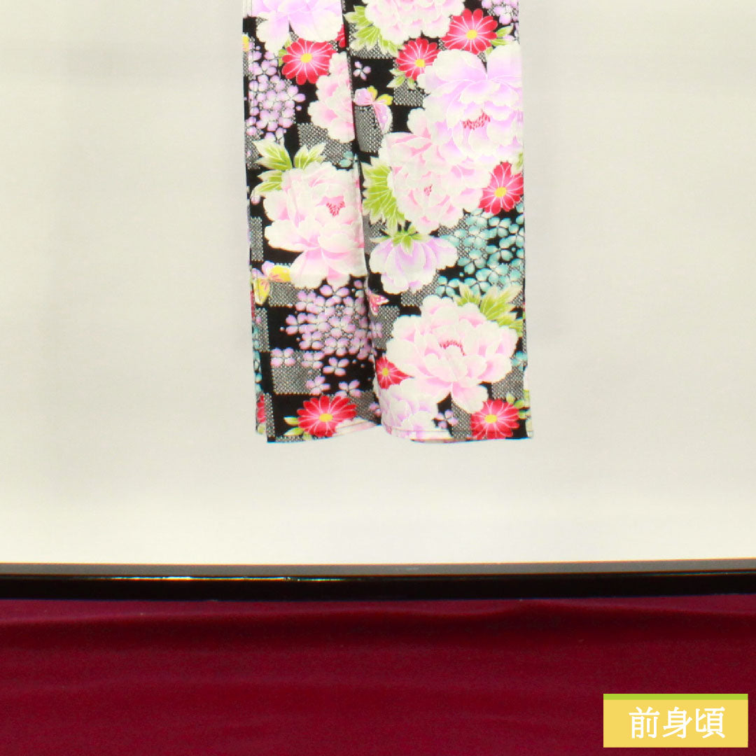 浴衣 木綿 身丈138.5cm 裄丈61.5cm Sランク 単衣 黒系 牡丹 紫陽花 蝶 市松 1118005122110